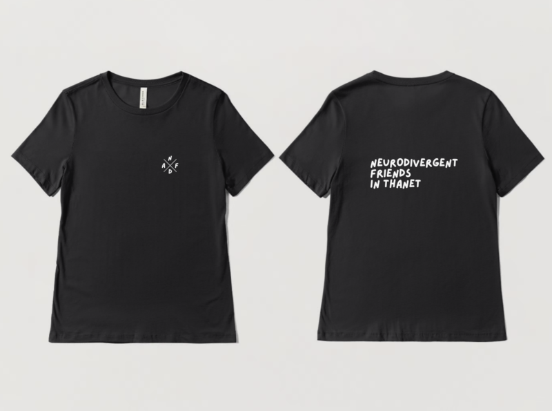 Black t-shirt front and back, with "Neurodivergent Friends in Thanet" on the back and a small "NDAF" logo on the front.