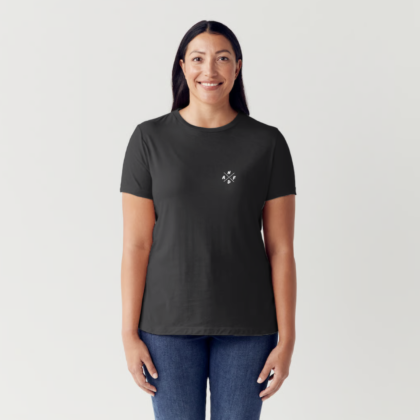 Person wearing a black t-shirt with a small "NDAF" logo on the front.