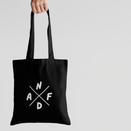 Black tote bag with a large "NDAF" logo.